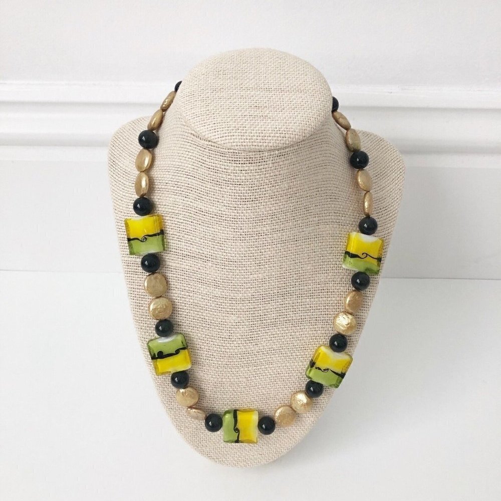 NWT Genuine Murano Glass, Pearls & Black Onyx Beaded Necklace Green Yellow Gold